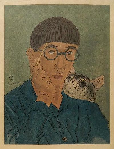 藤田 嗣治「猫のいる自画像」作品左に版上サイン入りの木版画です♪ | あぐすのブログ