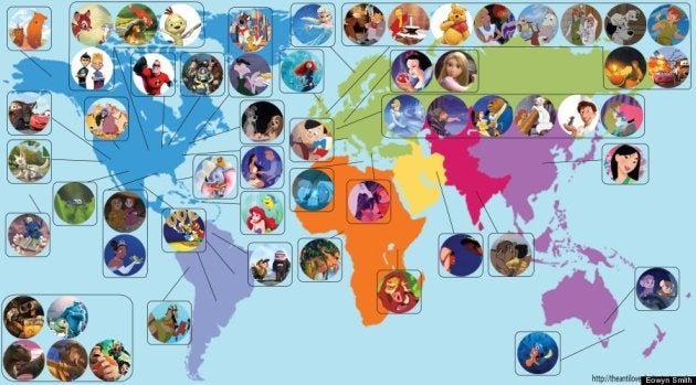 各ディズニー映画のストーリーの舞台を世界地図で表すとこうなる