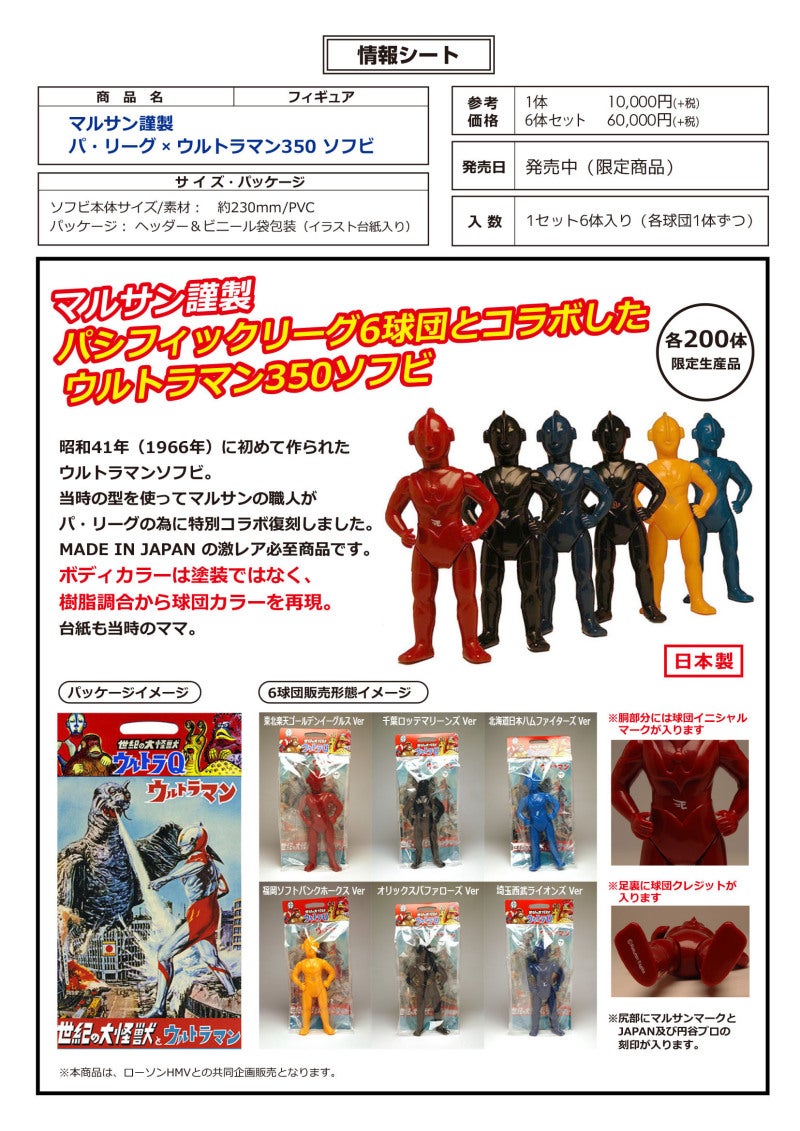 4月下旬発売!マルサン謹製 パ・リーグ×ウルトラマン350ソフビ 4月下旬発売!マルサン謹製 パ・リーグ×ウルトラマン350ソフビ