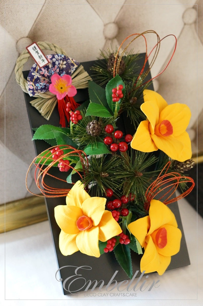 ♪お正月アレンジのレッスンでした | 泉南 泉州 南大阪クレイクラフト教室-EMBELLIR-CLAY flower & cake