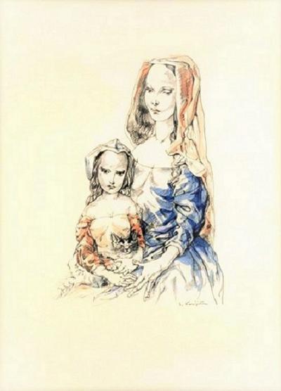 藤田嗣治「猫を抱く少女と母」鉛筆自筆サイン入りリトグラフ作品です 