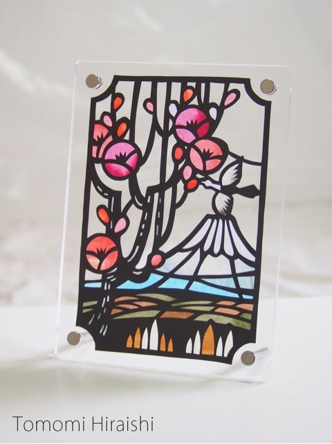 梅の花と富士山と鶴」の切り絵 A5サイズ 2パターン | 切り絵作家 平石 