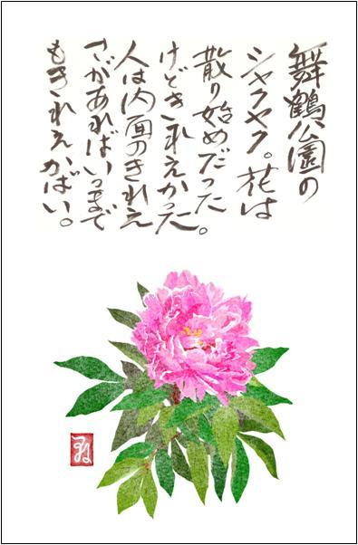 藤 ツルバラ シャクヤクの絵手紙 つねゴンの花絵画 はがき絵 絵手紙 花イラスト