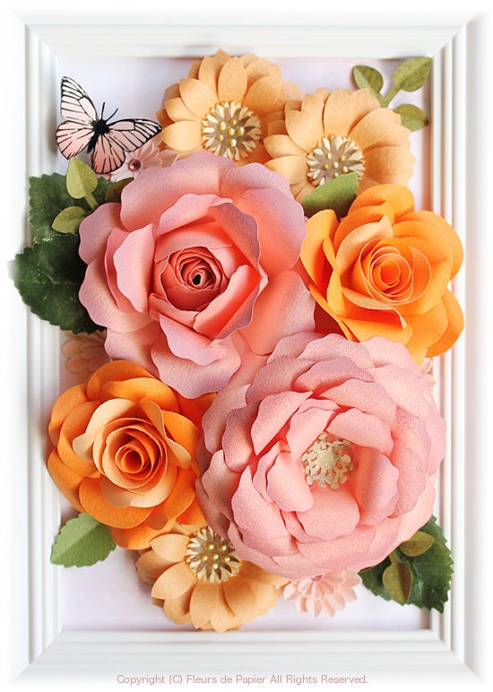 $Fleurs de Papier ～クラフトパンチや花紙で作る立体のお花いろいろ～-クラフトパンチでピンクとオレンジのバラの額