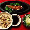 醤油糀マスタードの焼き鳥の冷やし蒟蒻蕎麦定食の画像