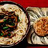 焼きおからメンチと山菜ワサネギスコうどんの画像