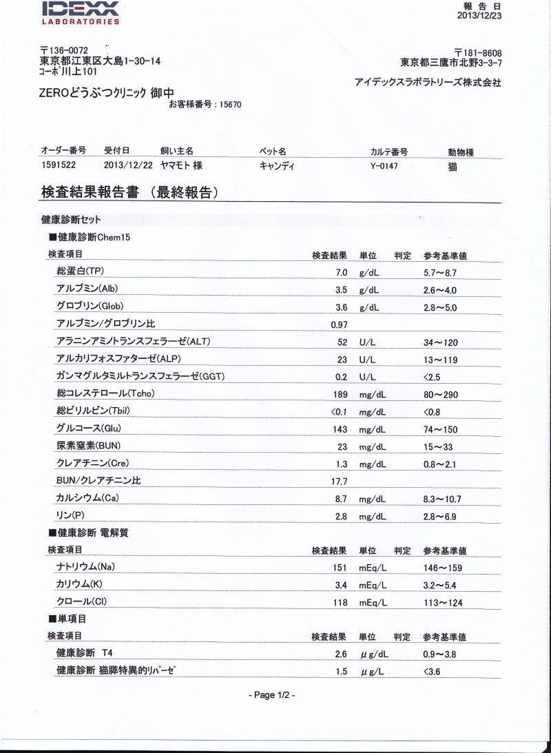 血液検査の結果をもらったら3 江東区 Zeroどうぶつクリニック 都営新宿線 西大島駅近く 血液検査の結果をもらったら3 江東区 Zeroどうぶつクリニック 都営新宿線 西大島駅近く