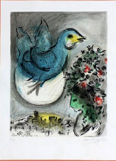 マルク・シャガール「青い鳥」作品右下に鉛筆自筆サイン入りの 
