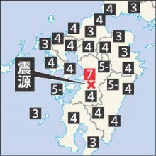 熊本地震震源周辺各地の震度の分布
