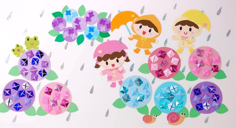 雨の日のキラキラあじさい ６月 梅雨の壁面飾り ゆめかけの可愛い