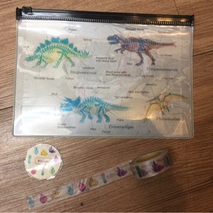 恐竜のクリアポーチと天然石のマスキングテープの画像