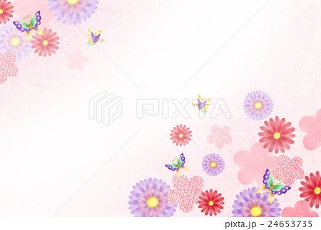 蝶と花の和柄背景のイラスト 手描き色鉛筆画イラスト