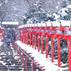 京都の雪、吹雪の貴船神社から青空への画像