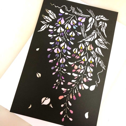 藤の花の切り絵の色つけ 切り絵作家 平石智美の華色切絵 ハナイロ キリエ
