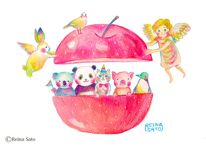 リンゴ動物 イラスト 絵 水彩 色鉛筆 イラストレーターさとうれいな