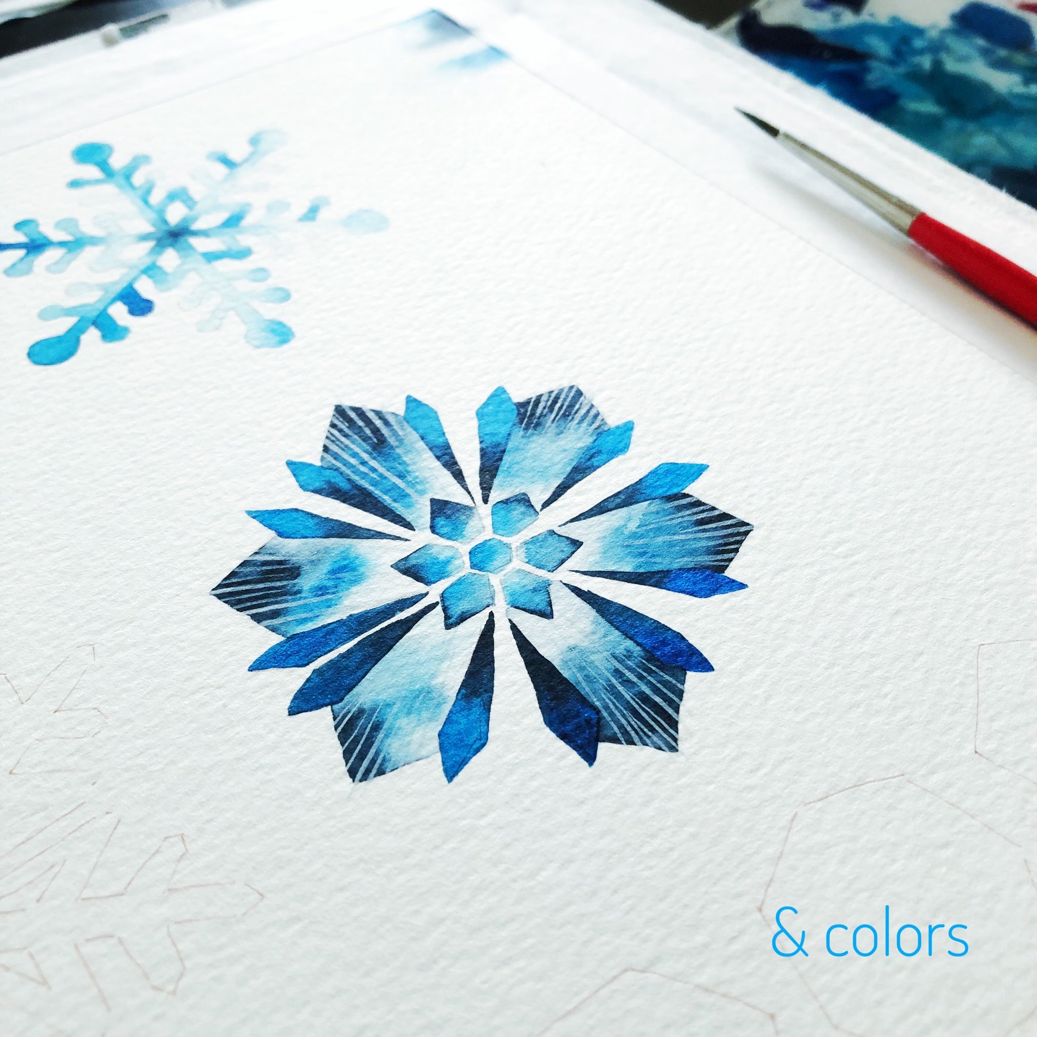 デザフェスに向けて新作 雪の結晶イラスト 透明水彩 Colors 水彩で描いた紙雑貨