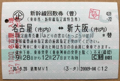 大阪駅の特別下車印が押された㊭新幹線回数券（普）の写真