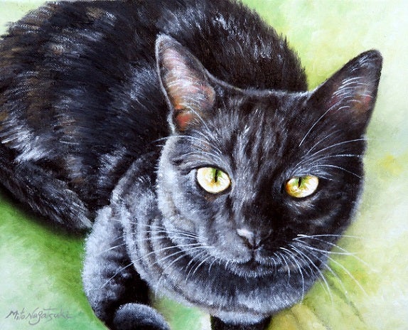 1年保証付き 「猫かぶり」黒猫 手描き 絵画 原画 油絵 絵画/タペストリ