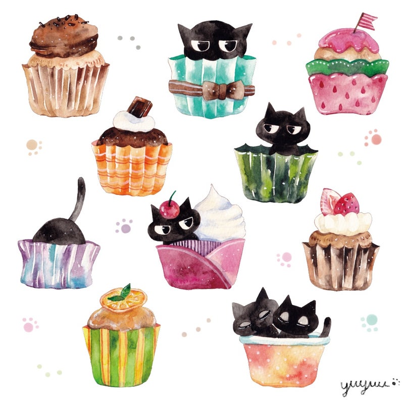 黒猫とカップケーキのイラスト２ 水彩 Colors 水彩で描いた紙雑貨