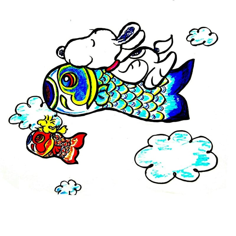 癒しのスヌーピーイラスト その376 鯉のぼり乗りスヌーピー令和元年 ヒーリングアーティストうきたの夢枕