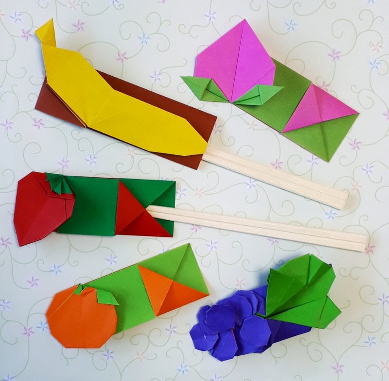 折り紙 フルーツ箸袋 もも バナナ いちご みかん ぶどう 折り紙の楽しみ
