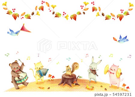 秋の動物の音楽隊のイラスト 手描き色鉛筆画イラスト
