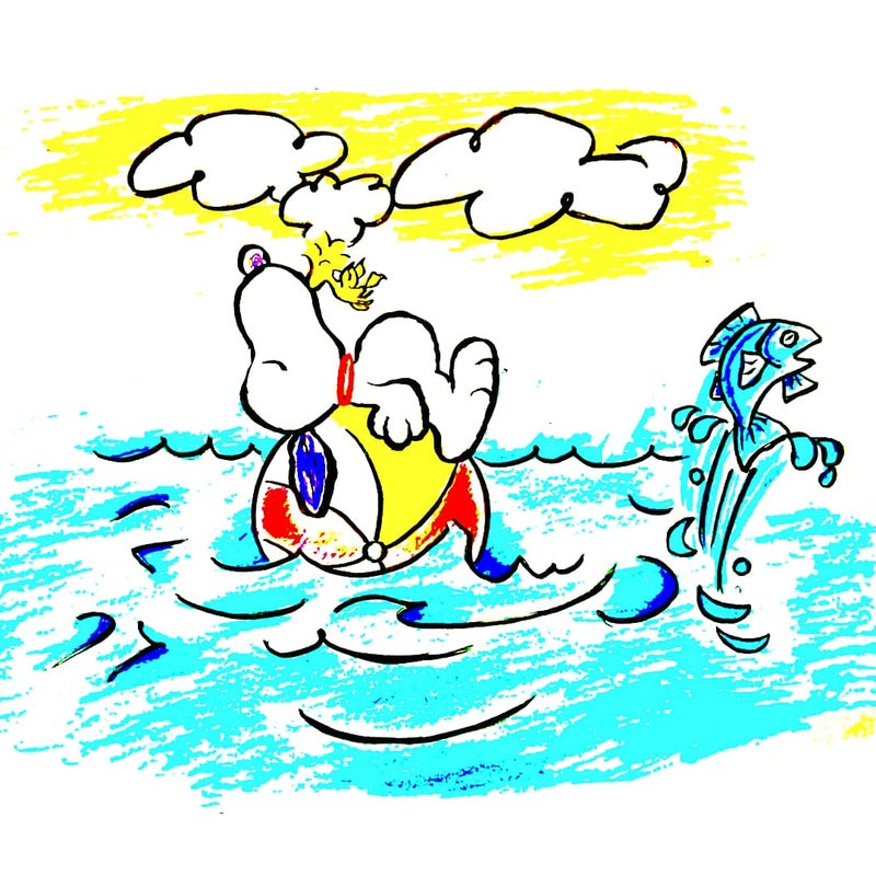 癒しのスヌーピーイラスト その445 魚と一緒に海の上 スヌーピー ヒーリングアーティストうきたの夢枕