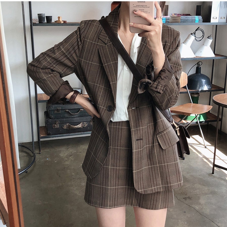 韓国ファッション セットアップ チェック柄 テーラードジャケット 
