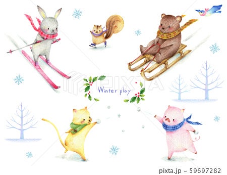 雪遊びをする動物たちのイラスト 手描き色鉛筆画イラスト