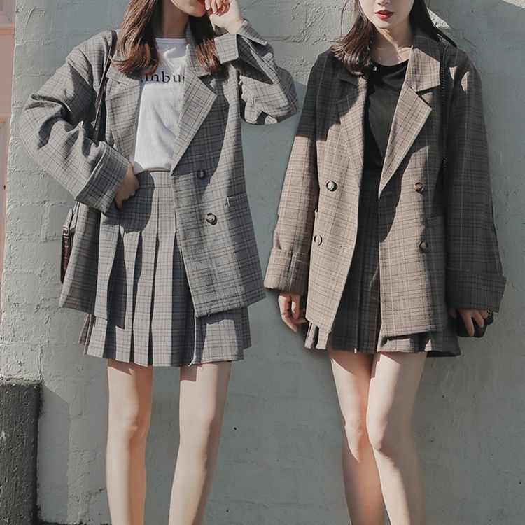韓国ファッション レディース セットアップ チェック柄 ジャケット ＋ 