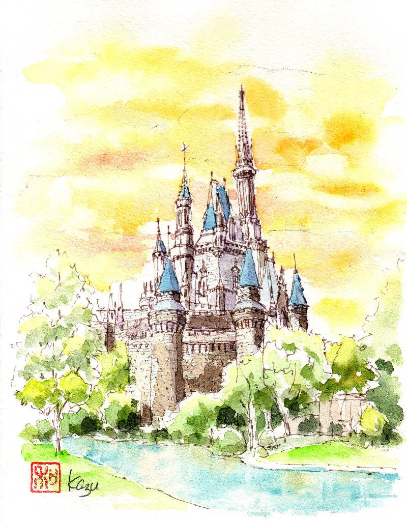 東京ディズニーランドのシンデレラ城 和弘の気ままな水彩風景スケッチ