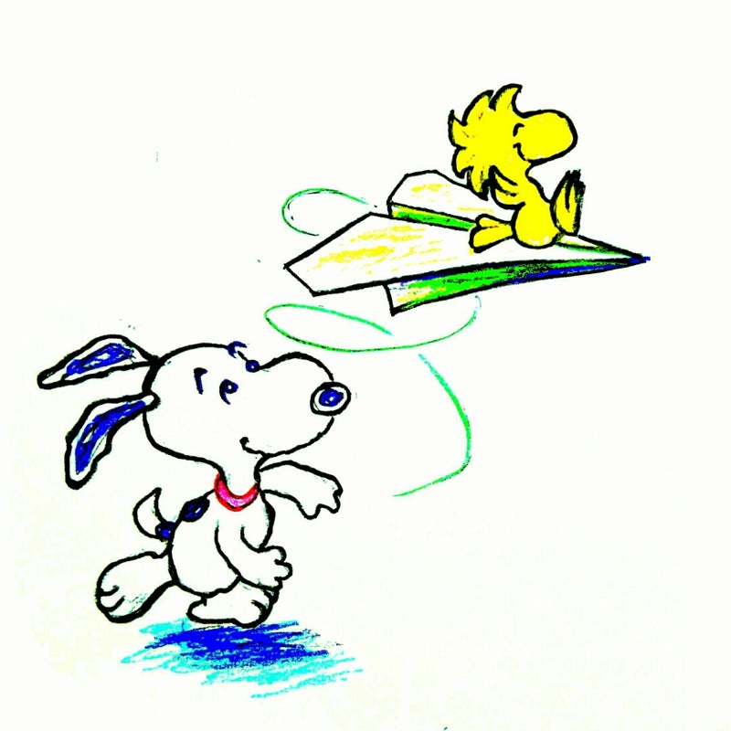 癒しのスヌーピーイラスト その584 色鉛筆画 紙ヒコーキを投げているナイスドッグスヌーピー ヒーリングアーティストうきたの夢枕