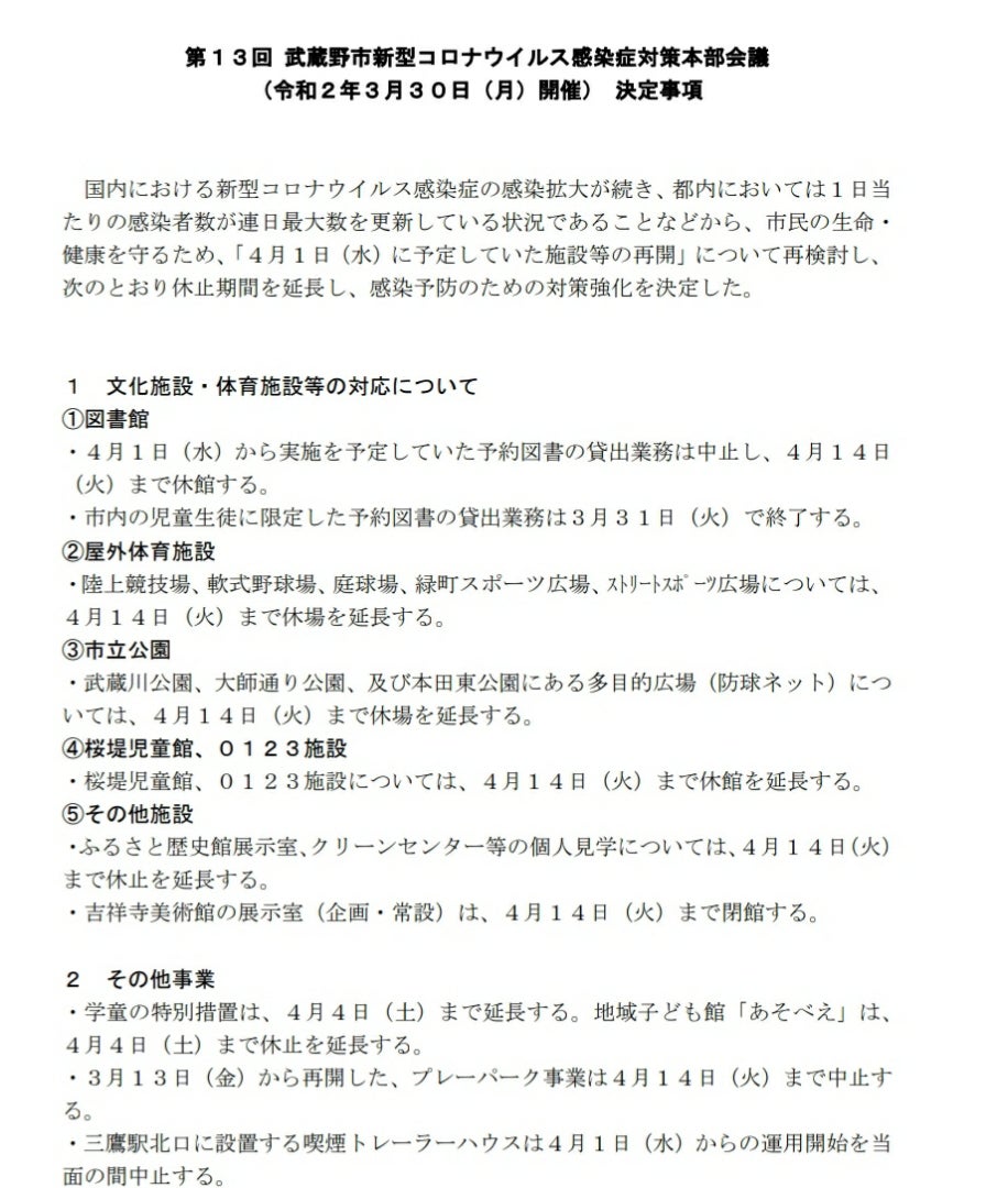 武蔵野市 新型コロナウイルス感染症対策本部会議決定事項 3月30日更新 むーふぁみマップ