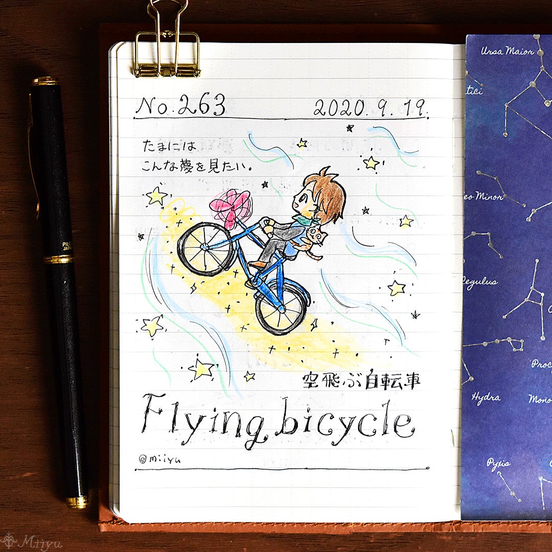 No 263 空飛ぶ自転車 366日のゆるかわファンタジーイラスト Magocoroほんわかティータイム 色鉛筆イラストとかわいい雑貨のブログ