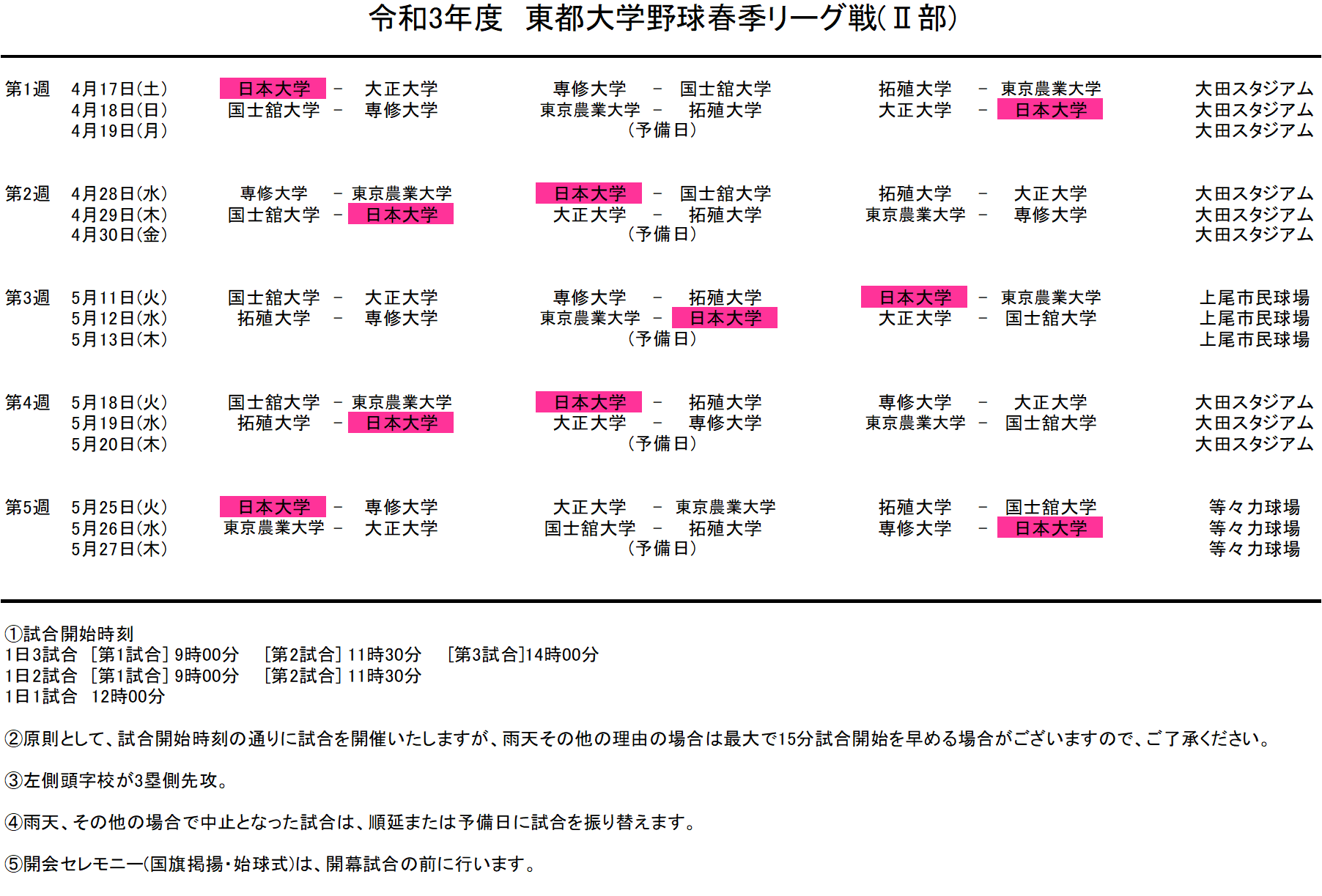 令和3年度 春季リーグ戦日程表 日本大学野球部