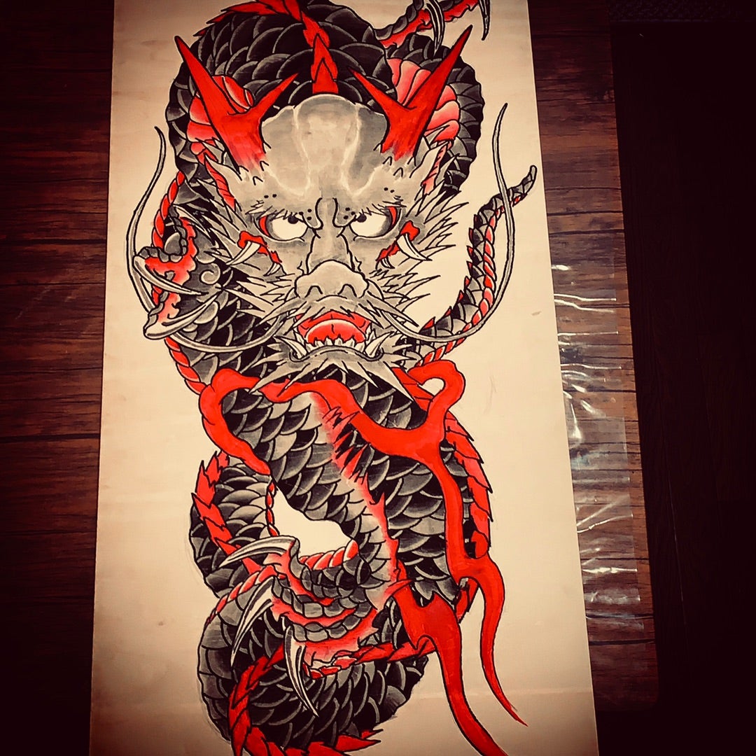 正面龍刺青下絵 | 文身北条彫(彫りょう)静岡県伊豆河津町の刺青