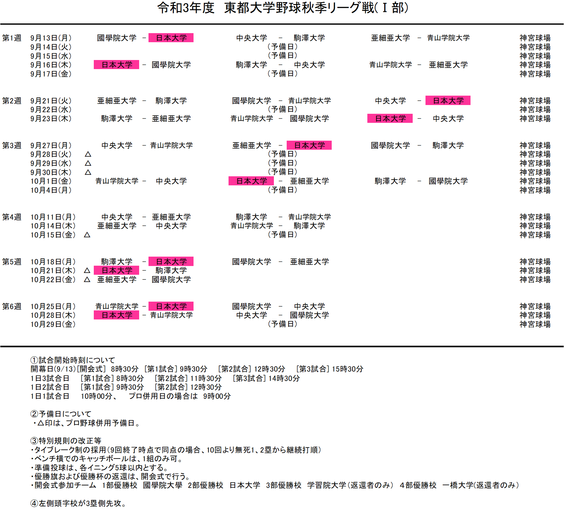 令和3年度 秋季リーグ戦 日程表 改訂版 日本大学野球部
