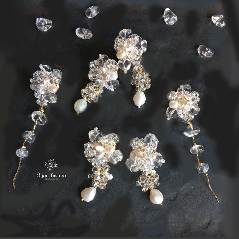 惹きこまれる透明感と氷のような水晶パールのビジューピアス・イヤリング!結婚式アシンメトリーピアス  アンティークスタイルの天然石アクセサリー   BijouYasukoのブログ