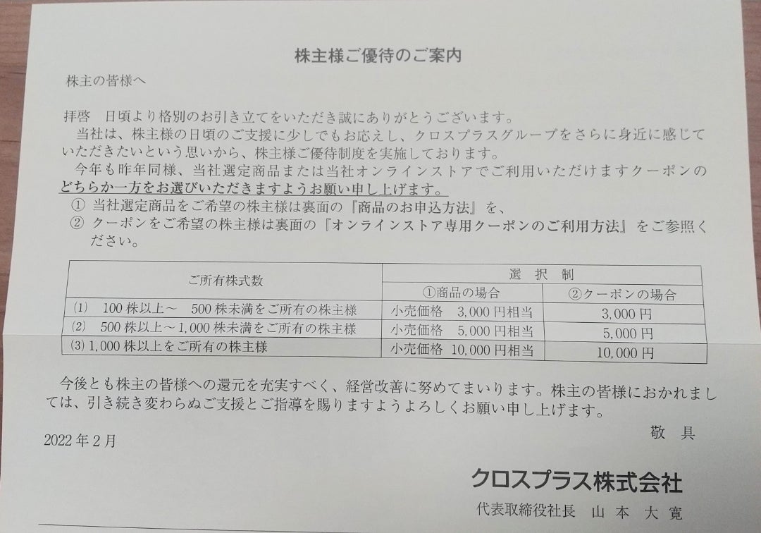 クロスプラスから株主優待案内&オリックス日経平均採用 | きなこの