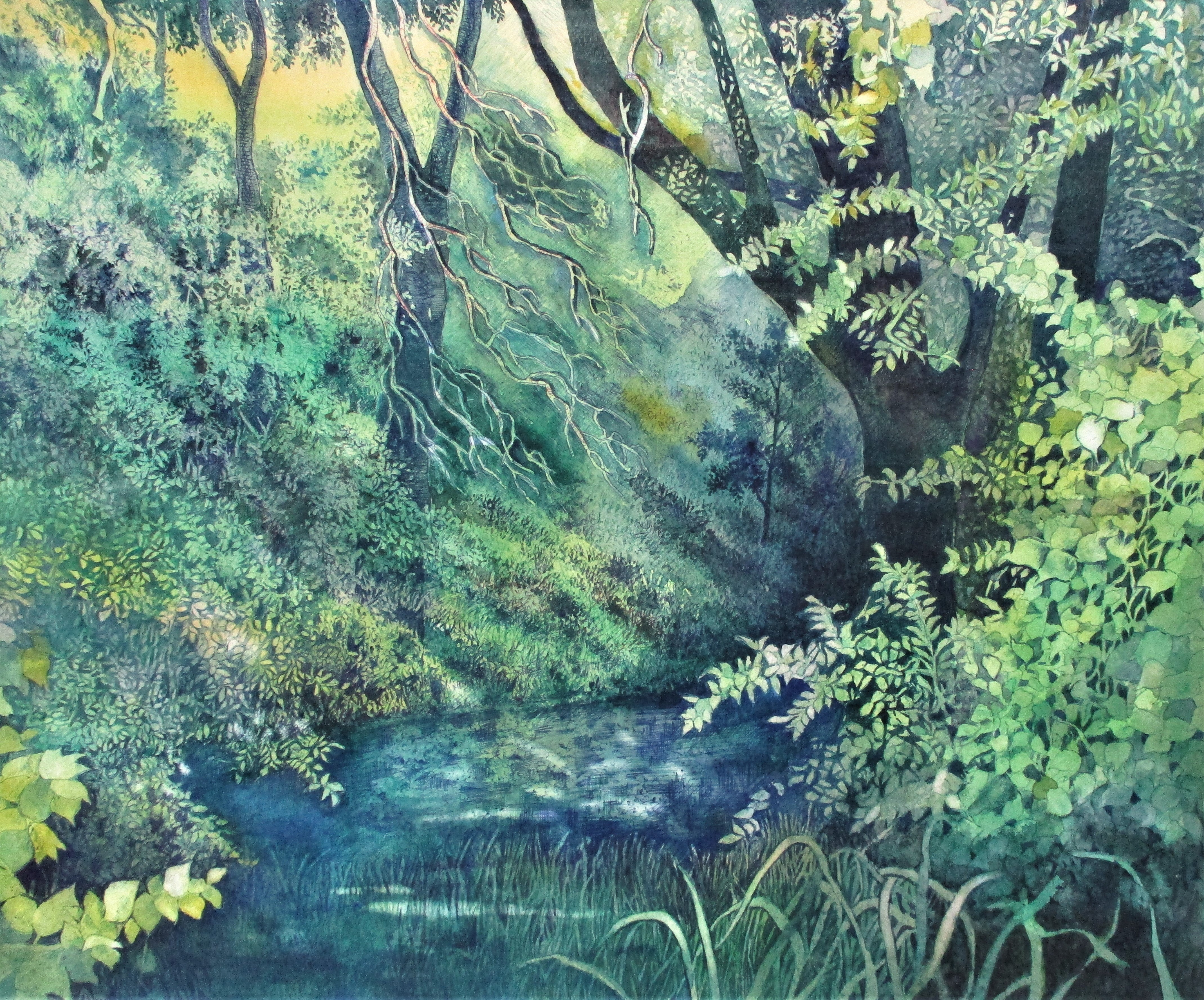 トシくん水彩画シリーズ ２4４ 木曾川情景 緑陰の川辺 | 水彩画 
