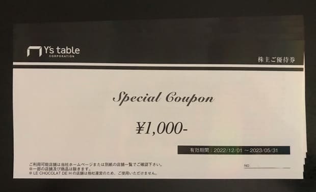 ワイズテーブル　株主優待　10000円分　2022.5.31まで　送料込