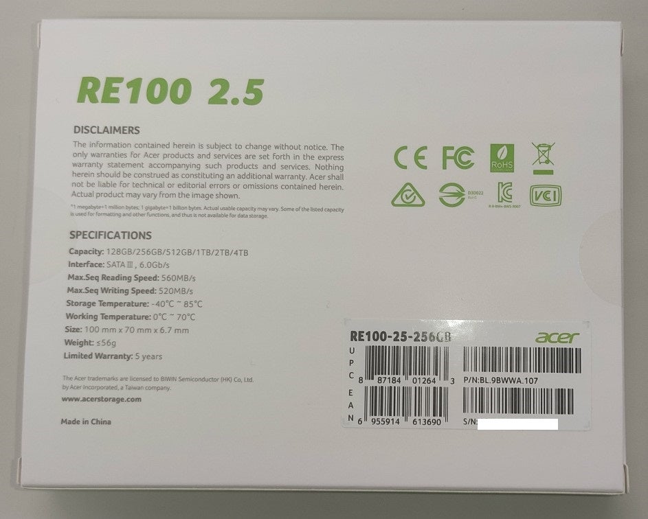 ACERの安価なSSD RE100-25-256GBを購入してみました ACERの安価なSSD RE100-25-256GBを購入してみました