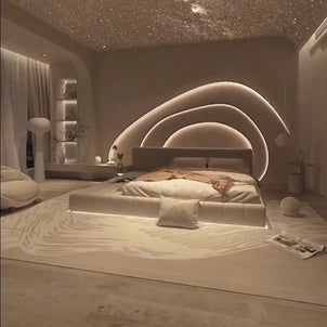 アーストーンと間接照明で作る寝室の画像