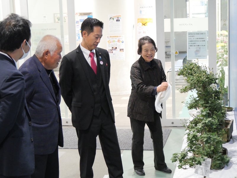 展示された菊を鑑賞する市長