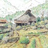 ペン淡彩画　春の里山風景の画像