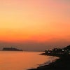 夕日と海と富士山との画像